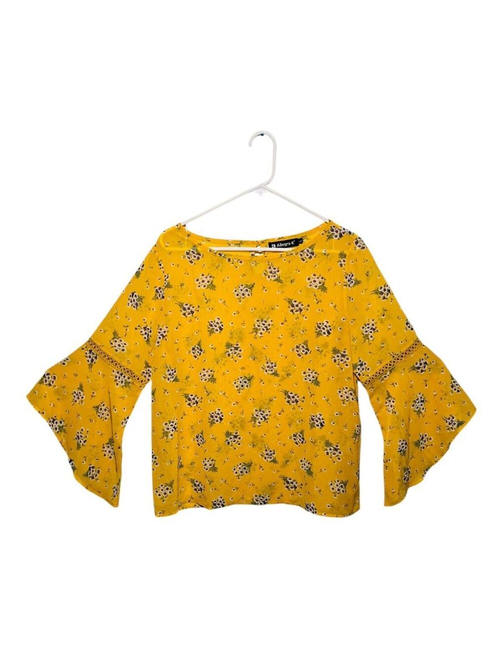 Allegra K - Mustard Yellow Floral Bell Sleeve Blouse Boho - Size Large